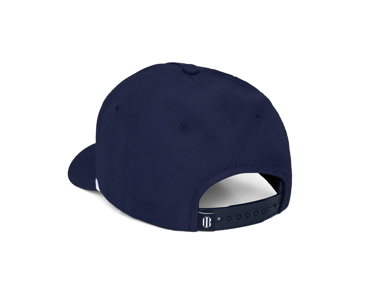 The Performance Rope Hat: Navy with HB Icon, featuring a snap-back closure, stitched eyelets, and a BB logo tab for adjustable comfort.