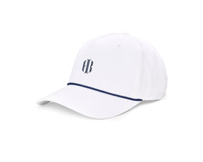 The Performance Rope Hat: White with HB Icon features a curved brim, navy braided cord, embroidered logo, and adjustable snap-back, offering UPF 50+ protection.