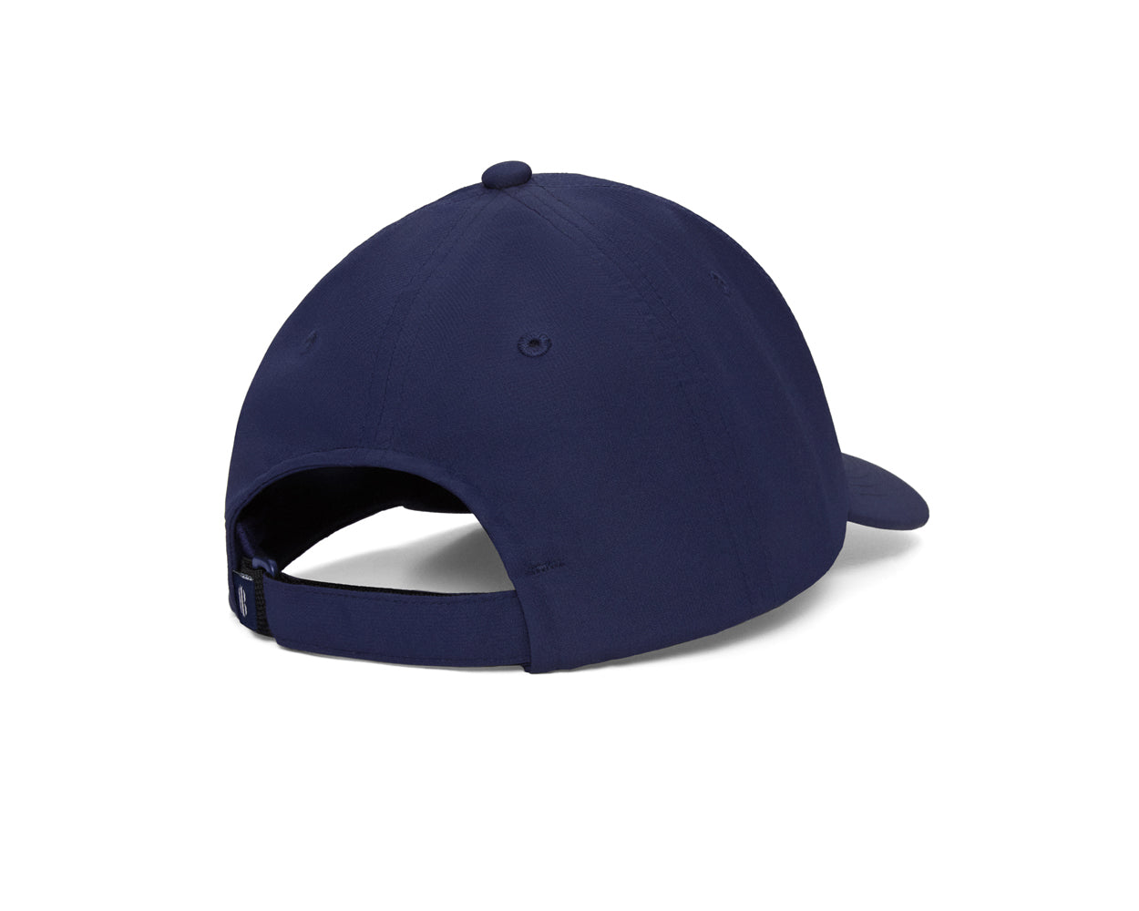 Back view of the SAP OS Test Product, a navy baseball cap with adjustable strap, ventilation eyelets, and embroidered H&B Icon logo, offering UPF 50+ protection.