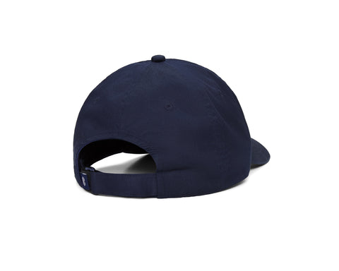The Lightweight Cotton Hat: Navy with HB Icon, showing its back with adjustable strap, ventilation eyelets, and sleek six-panel design.