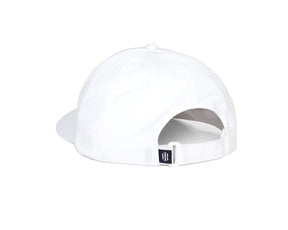 The Lightweight Cotton Hat: White with HB Icon features a six-panel crown, curved brim, adjustable strap, and branded tag, offering comfort and sun protection.