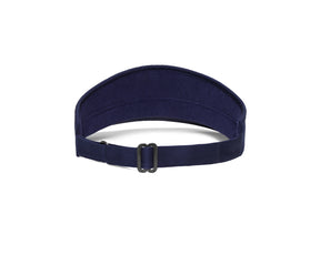 The Cocktail Tour Visor: Navy with HB Icon, featuring a curved fabric bill, adjustable gunmetal buckle, and moisture-wicking terry cloth sweatband, viewed from the back.