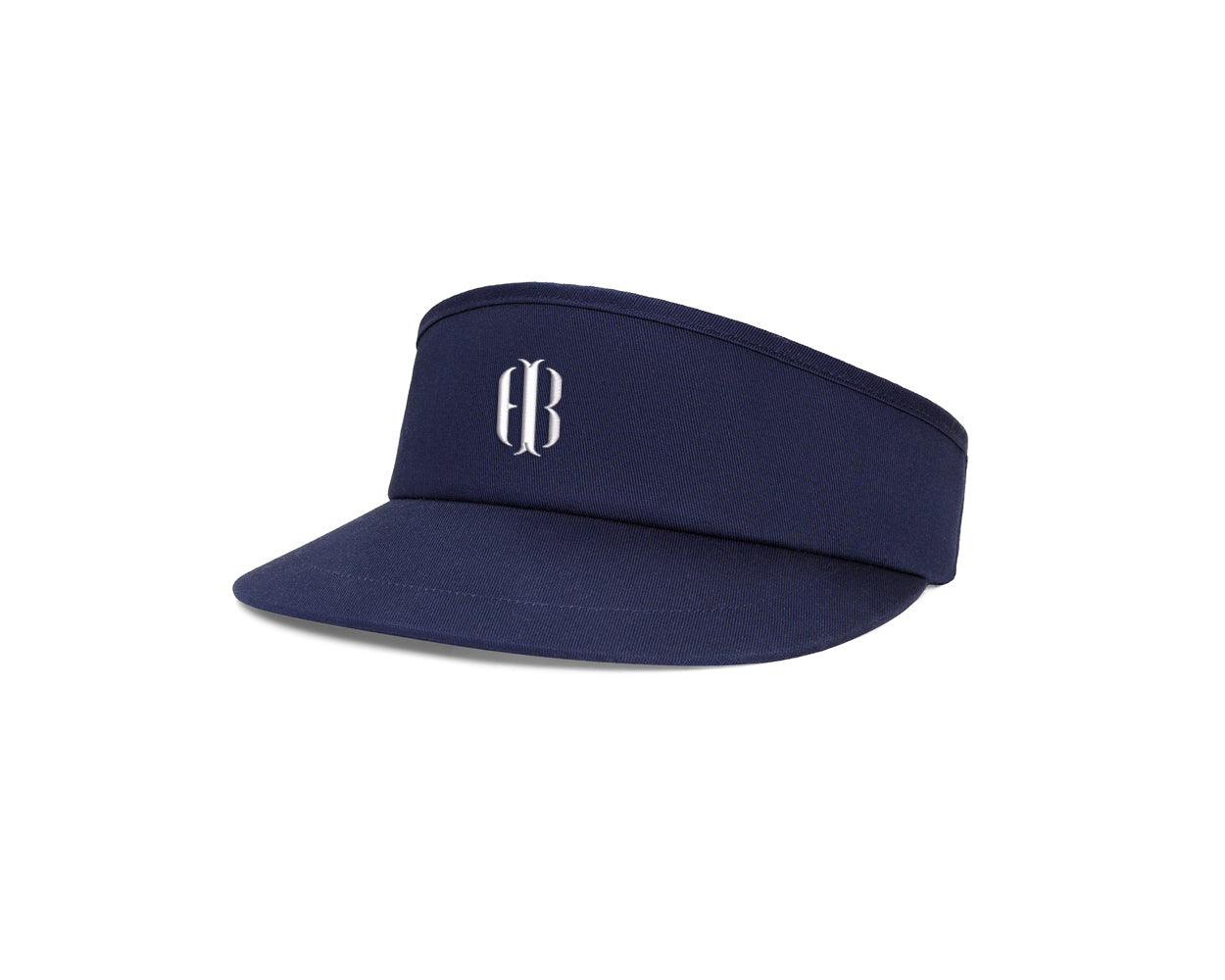 The Cocktail Tour Visor: Navy with HB Icon features an open-top design, stiff brim, moisture-wicking terry cloth sweatband, and adjustable gunmetal buckle for comfort.