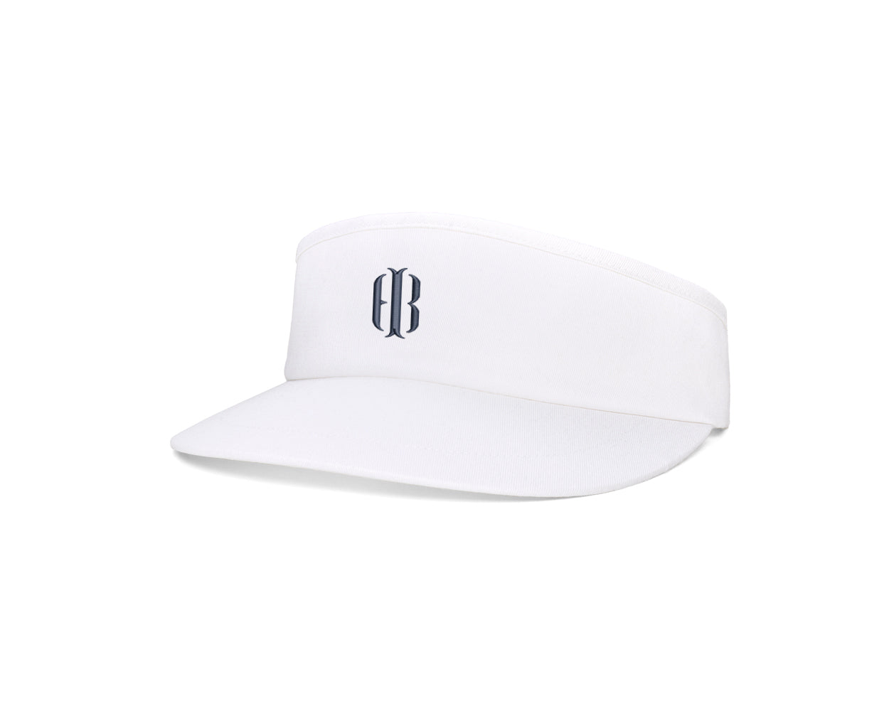 The Cocktail Tour Visor: White with HB Icon displays a white sports-style sun visor with an embroidered logo, adjustable buckle, and moisture-wicking terry cloth sweatband.