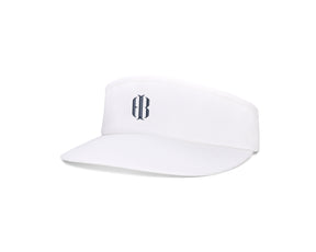 The Cocktail Tour Visor: White with HB Icon displays a white sports-style sun visor with an embroidered logo, adjustable buckle, and moisture-wicking terry cloth sweatband.