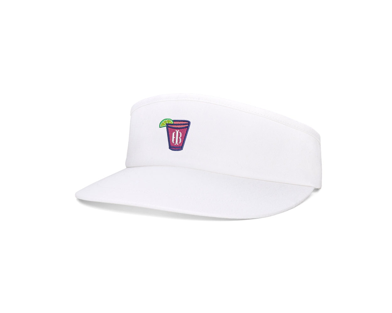The Cocktail Tour Visor: White with Transfusion Icon features a brim-front, open-top design with an embroidered pink drink logo and adjustable buckle.