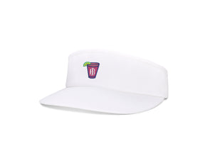 The Cocktail Tour Visor: White with Transfusion Icon features a brim-front, open-top design with an embroidered pink drink logo and adjustable buckle.