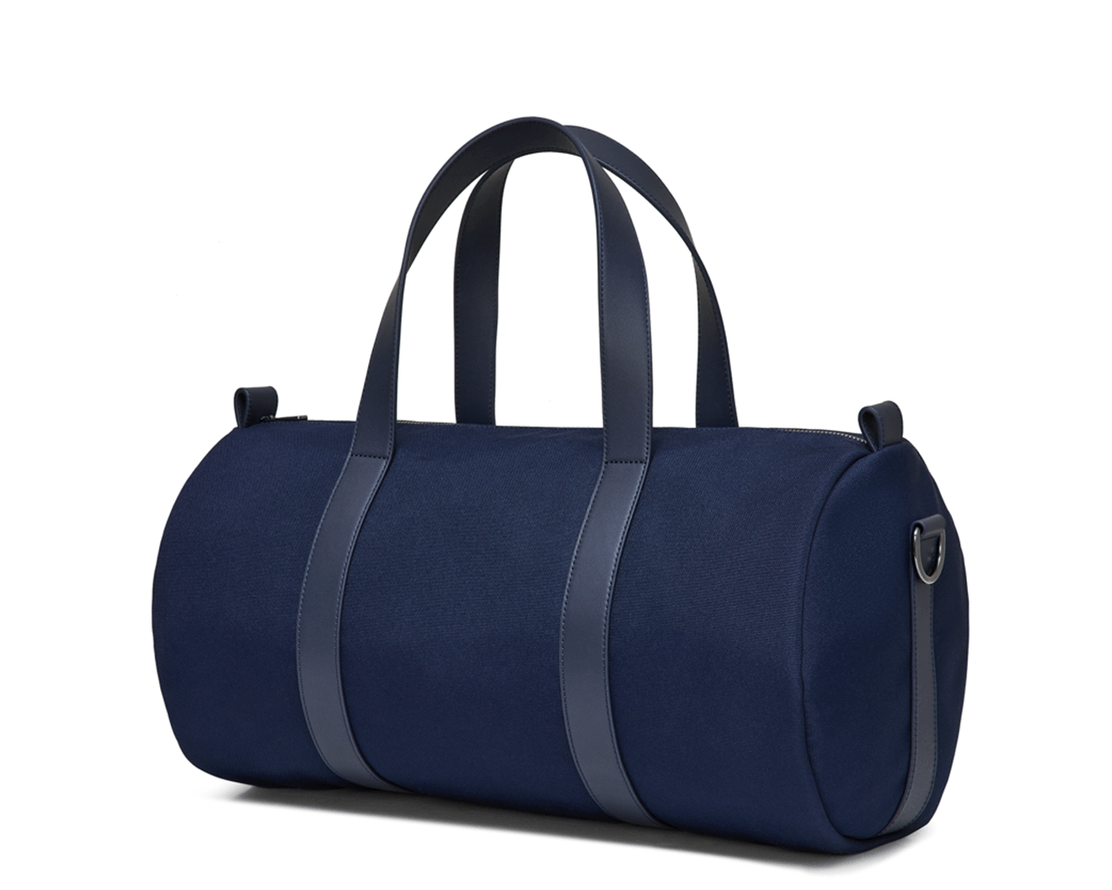 The Marston Banker Bag: Navy Ballistic, a sleek cylindrical duffel with Napa leather accents, oxford stripe lining, and gunmetal hardware, ideal for versatile use.