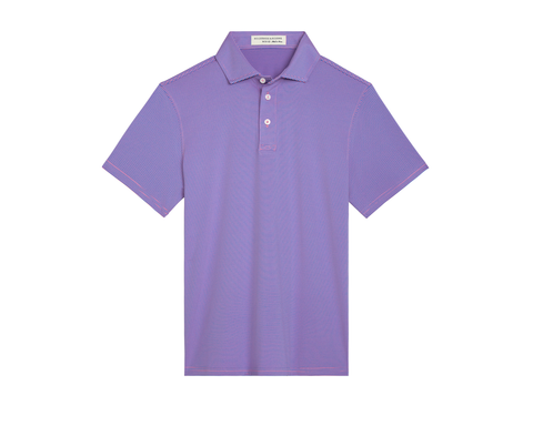 The Perkins Boys Shirt: Horizon Blue & Belmont features a short-sleeve polo with fine horizontal stripes, three-button placket, and structured spread collar.