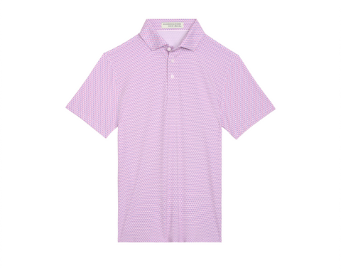 The Justice Boys Shirt features a pale pink polo with a geometric eagle motif, classic collar, three-button placket, and performance fabric.