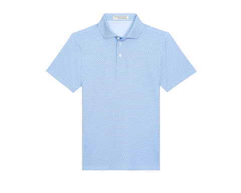 The Justice Boys Shirt: Harbor & Maidstone Blue features a light blue polo with a geometric eagle pattern, fold-over collar, and three-button placket.