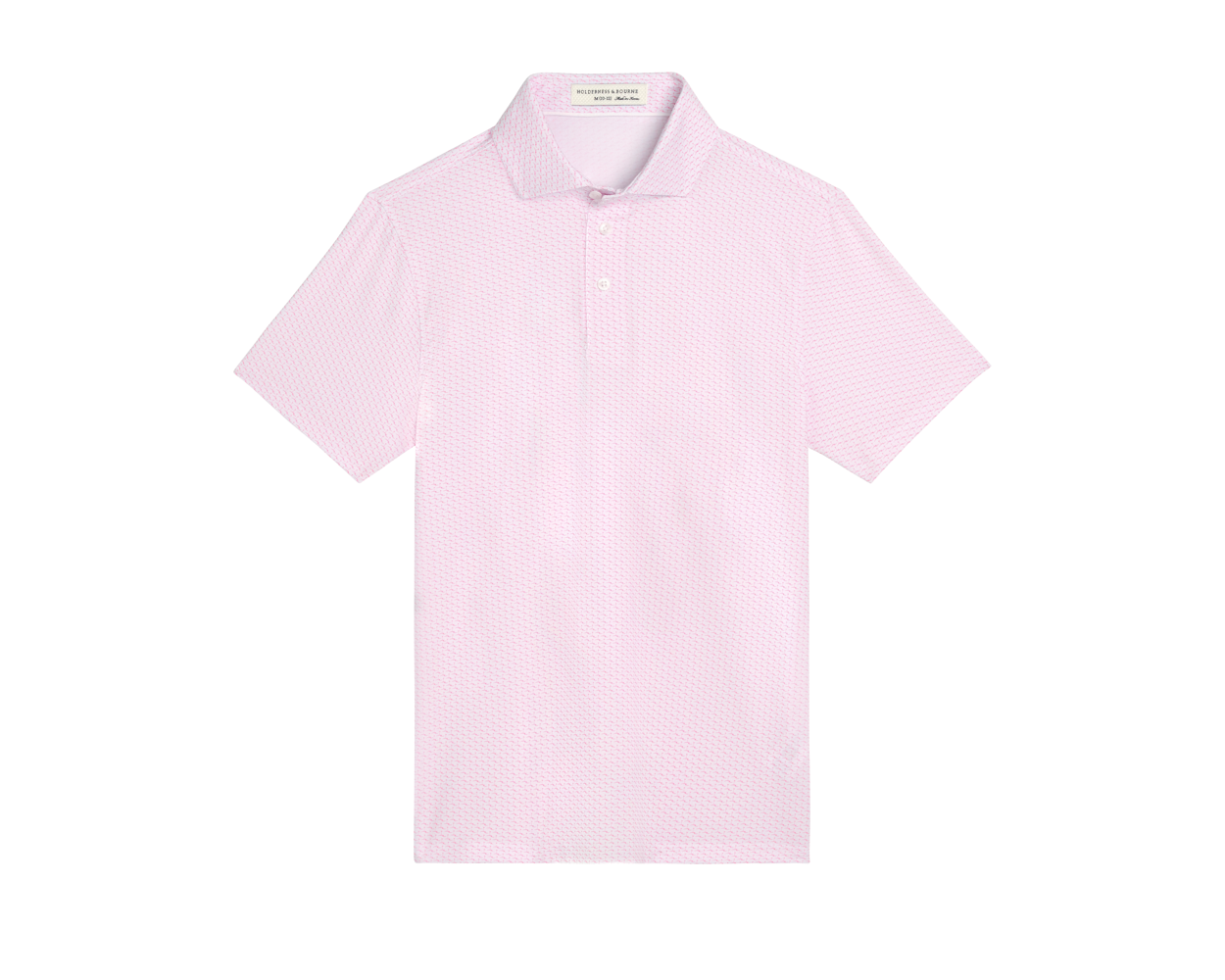 The Atwood Boys Shirt: Belmont features a light-pink, short-sleeve polo with a classic knit collar, geometric texture, and two-button placket, ideal for active boys.