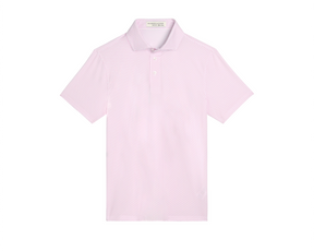 The Atwood Boys Shirt: Belmont features a light-pink, short-sleeve polo with a classic knit collar, geometric texture, and two-button placket, ideal for active boys.