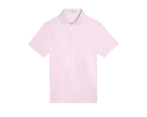 The Atwood Boys Shirt: Belmont features a light-pink, short-sleeve polo with a classic knit collar, geometric texture, and two-button placket, ideal for active boys.