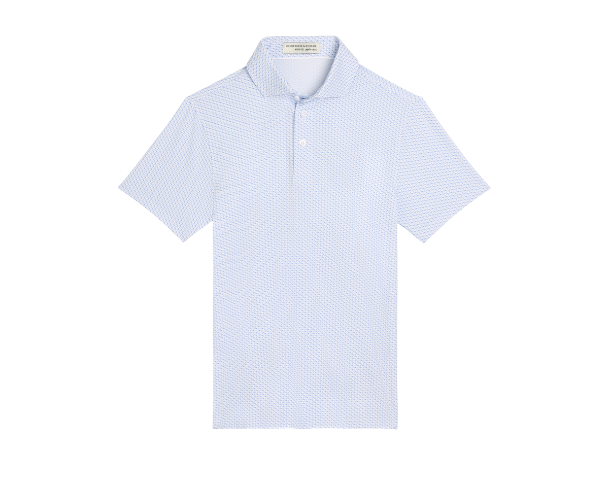 The Atwood Boys Shirt: Horizon Blue, featuring a light-blue polo with a micro-pattern, classic collar, and two-button placket, ideal for active outdoor wear.