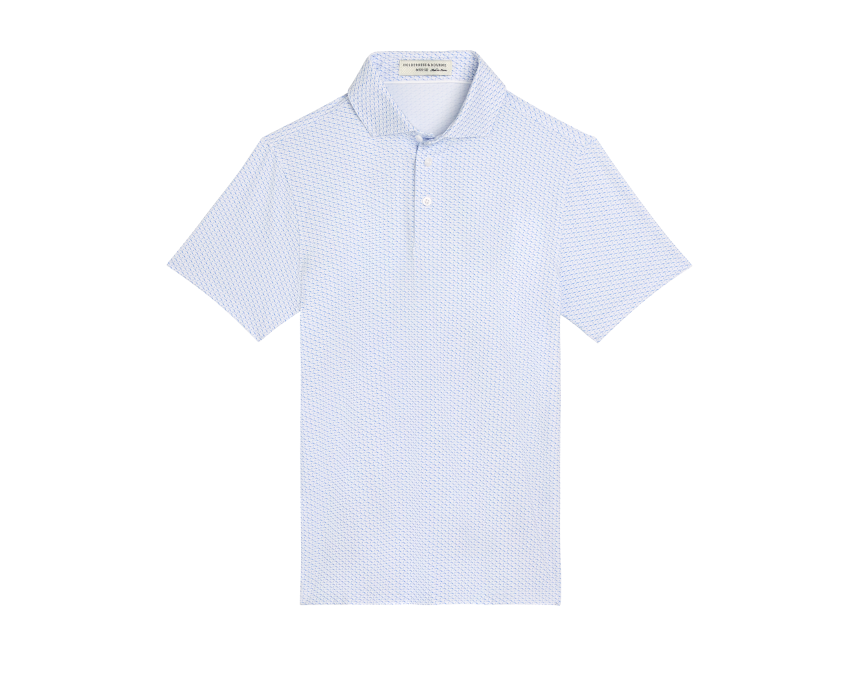 The Atwood Boys Shirt: Horizon Blue, featuring a light-blue polo with a micro-pattern, classic collar, and two-button placket, ideal for active outdoor wear.