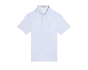 The Atwood Boys Shirt: Horizon Blue, featuring a light-blue polo with a micro-pattern, classic collar, and two-button placket, ideal for active outdoor wear.