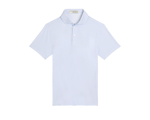 The Atwood Boys Shirt: Horizon Blue, featuring a light-blue polo with a micro-pattern, classic collar, and two-button placket, ideal for active outdoor wear.