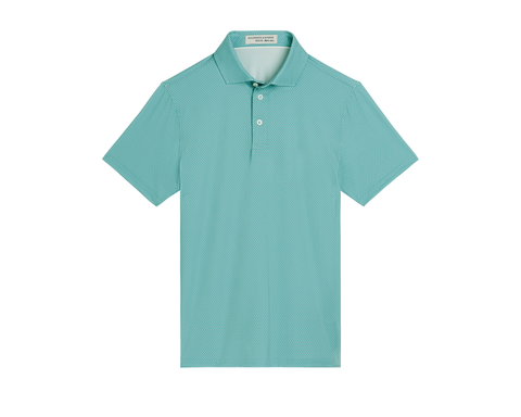 The Hicks Boys Shirt: Harbor, a short-sleeve polo with a subtle geometric pattern, features a classic collar and two-button placket for a polished golf-ready look.