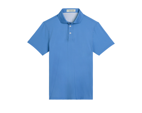 The Hicks Boys Shirt: Horizon Blue, a sky-blue, short-sleeve polo with a textured pattern, three-button placket, offering moisture-wicking and UPF 50+ protection.