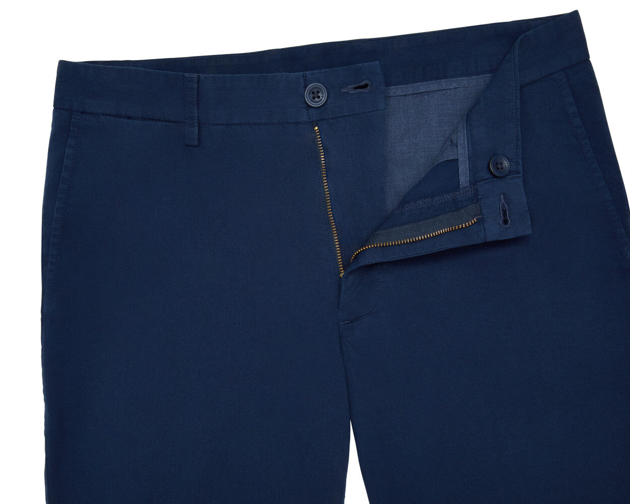 The Cameron Short in navy, showcasing the waistband with belt loops, button closure, and partially unzipped zipper fly, highlighting its premium cotton/stretch twill fabric.