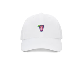 The Lightweight Performance Hat: White with Transfusion Icon features a six-panel design, adjustable closure, and an embroidered cocktail patch with a lime wedge.