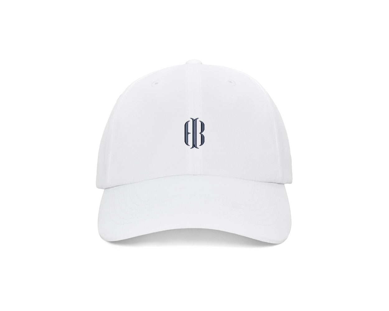 The Lightweight Performance Hat: White with HB Icon, featuring a gothic-style logo, adjustable closure, and UPF 50+ protection, perfect for outdoor activities.