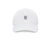 The Lightweight Performance Hat: White with HB Icon, featuring a gothic-style logo, adjustable closure, and UPF 50+ protection, perfect for outdoor activities.
