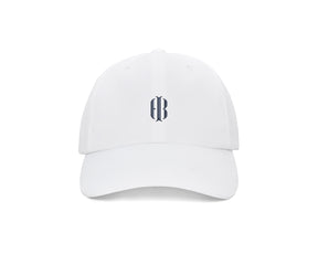 The Lightweight Performance Hat: White with HB Icon, featuring a gothic-style logo, adjustable closure, and UPF 50+ protection, perfect for outdoor activities.