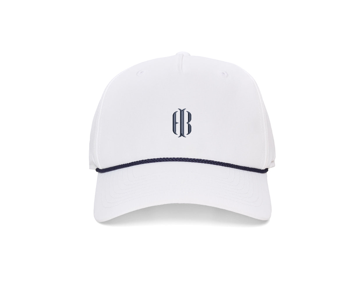 The Performance Rope Hat: White with HB Icon features a six-panel design, navy rope accent, embroidered monogram, UPF 50+ protection, and adjustable snap-back closure.