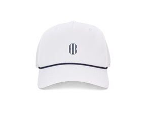 The Performance Rope Hat: White with HB Icon features a six-panel design, navy rope accent, embroidered monogram, UPF 50+ protection, and adjustable snap-back closure.