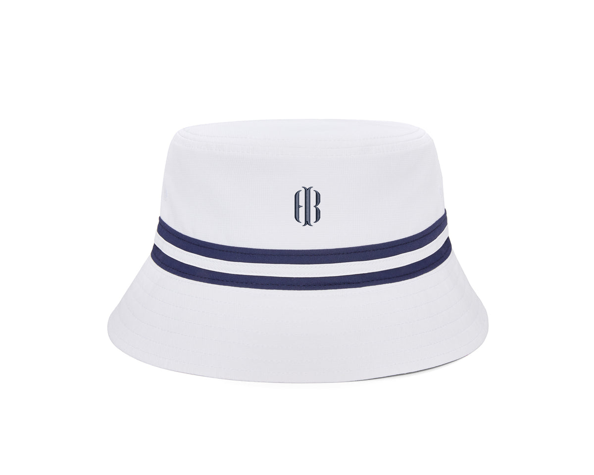 The Lightweight Bucket Hat: White with HB Icon, featuring navy-blue stripes, BB logo, UPF 50+ protection, and moisture-wicking fabric, offers sun protection and comfort.