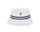 The Lightweight Bucket Hat: White with HB Icon, featuring navy-blue stripes, BB logo, UPF 50+ protection, and moisture-wicking fabric, offers sun protection and comfort.