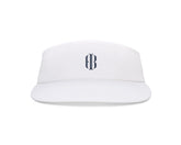 The Cocktail Tour Visor: White with HB Icon, features a front monogram, cotton twill fabric, and adjustable buckle, offering comfort with a terry cloth sweatband.