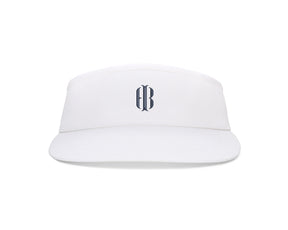 The Cocktail Tour Visor: White with HB Icon, features a front monogram, cotton twill fabric, and adjustable buckle, offering comfort with a terry cloth sweatband.