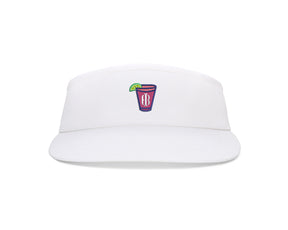 The Cocktail Tour Visor: White with Transfusion Icon featuring an embroidered pink drink glass and PB logo, with adjustable buckle and moisture-wicking sweatband.
