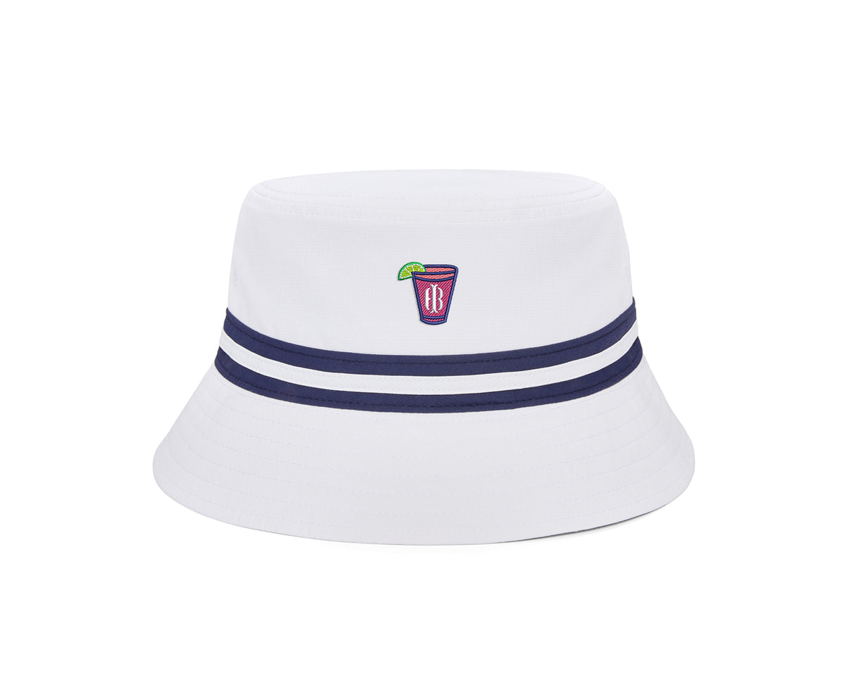 The Lightweight Bucket Hat features two stripes and a cocktail patch, offering UPF 50+ protection with moisture-wicking performance fabric for sunny days.
