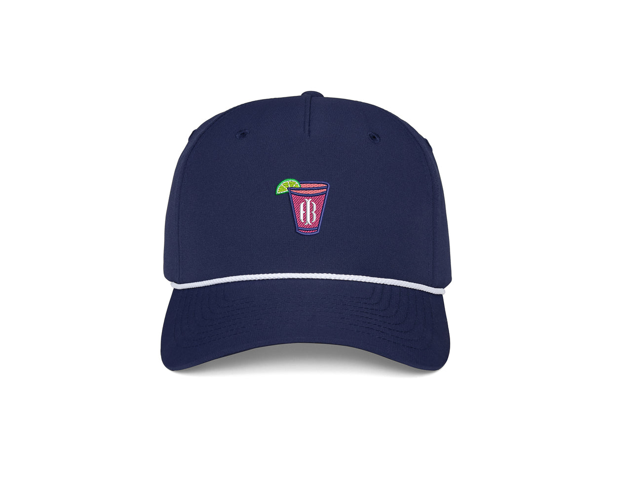 The Performance Rope Hat: Navy with Transfusion Icon features a pink slushy graphic, white rope trim, moisture-wicking fabric, UPF 50+ protection, and adjustable snap-back.