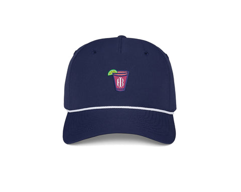 The Performance Rope Hat: Navy with Transfusion Icon features a pink slushy graphic, white rope trim, moisture-wicking fabric, UPF 50+ protection, and adjustable snap-back.