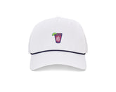 The Performance Rope Hat: White with Transfusion Icon features a navy rope on the bill, embroidered cocktail patch, UPF 50+ protection, and adjustable snap-back.