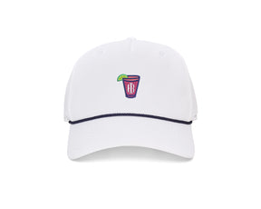 The Performance Rope Hat: White with Transfusion Icon features a navy rope on the bill, embroidered cocktail patch, UPF 50+ protection, and adjustable snap-back.