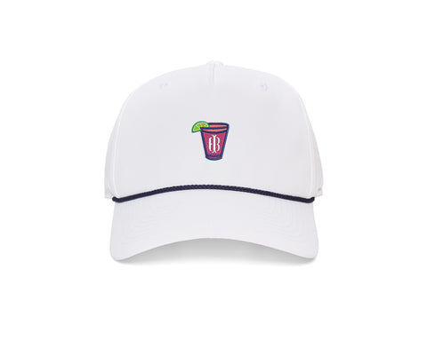 The Performance Rope Hat: White with Transfusion Icon features a navy rope on the bill, embroidered cocktail patch, UPF 50+ protection, and adjustable snap-back.