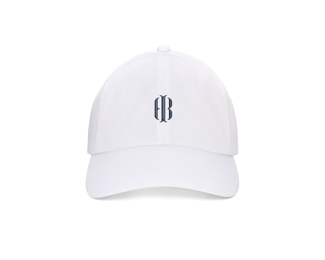 The Lightweight Cotton Hat: White with HB Icon features a gothic monogram on the front, low profile, adjustable closure, and UPF 50+ protection.