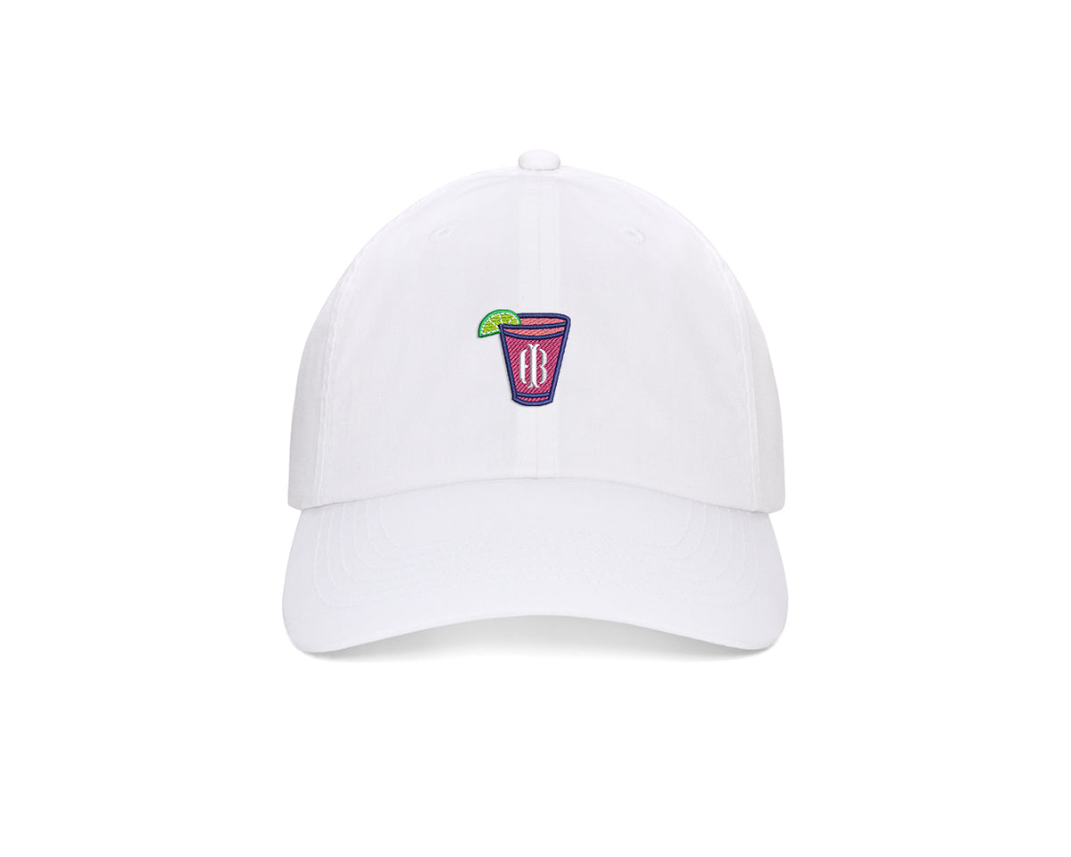 The Lightweight Cotton Hat: White with Transfusion Icon features a sleek, embroidered drink motif, adjustable closure, and UPF 50+ protection for sunny days.