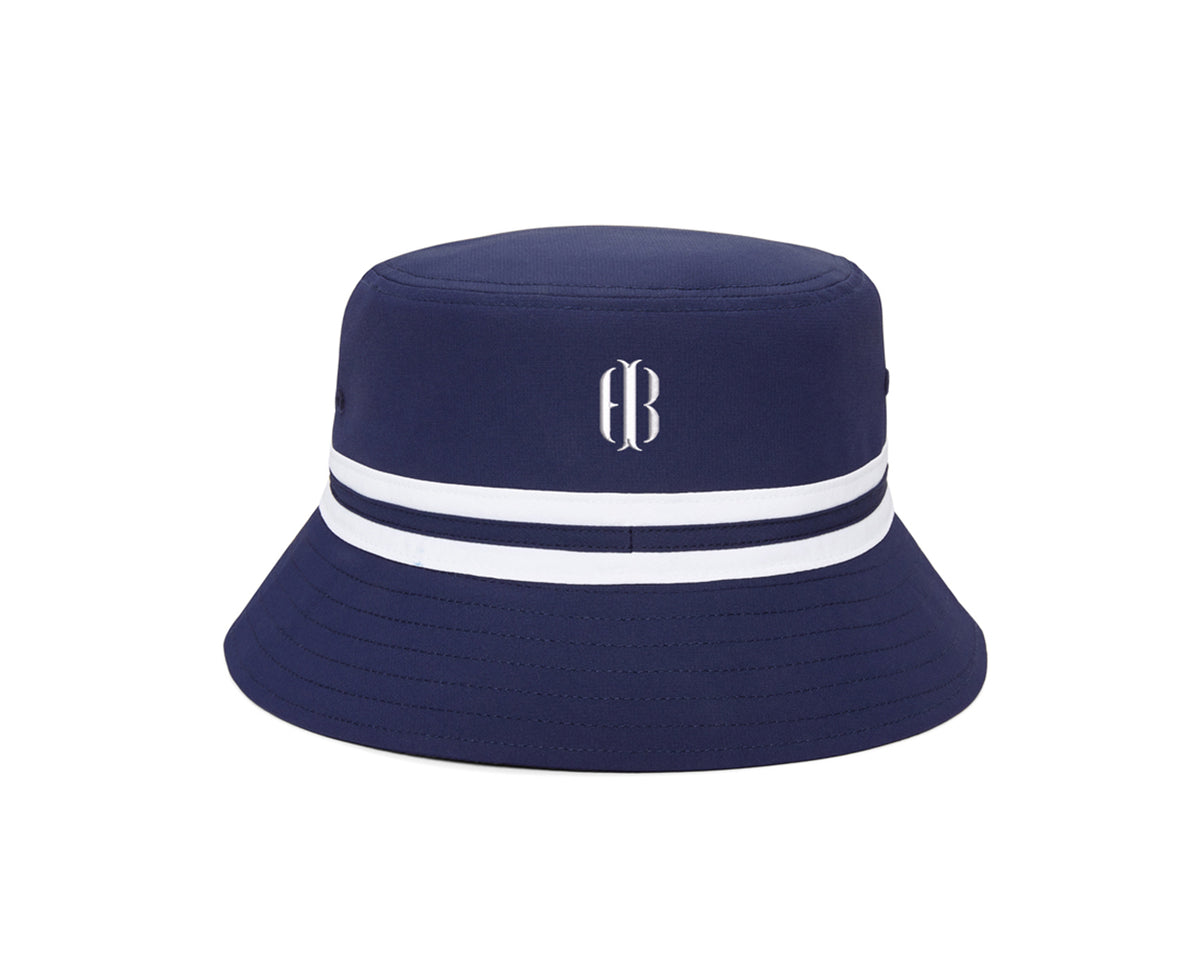 The Lightweight Bucket Hat: Navy with HB Icon features dual white bands and a logo on the crown, offering UPF 50+ protection and moisture-wicking fabric.