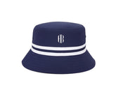 The Lightweight Bucket Hat: Navy with HB Icon features dual white bands and a logo on the crown, offering UPF 50+ protection and moisture-wicking fabric.
