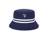 The Lightweight Bucket Hat: Navy with Transfusion Icon features a pink cocktail patch, two white stripes, and offers UPF 50+ sun protection.