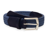 The Fischer Belt: Navy & Slate Microstripe features a two-tone blue braided design with dark leather ends and a polished metal buckle.