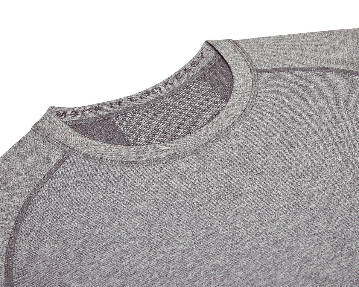 The Pickett Performance T-Shirt in heathered gray features a crew neck, raglan seams, and moisture-wicking AIRATION® fabric for gym-to-everyday comfort.