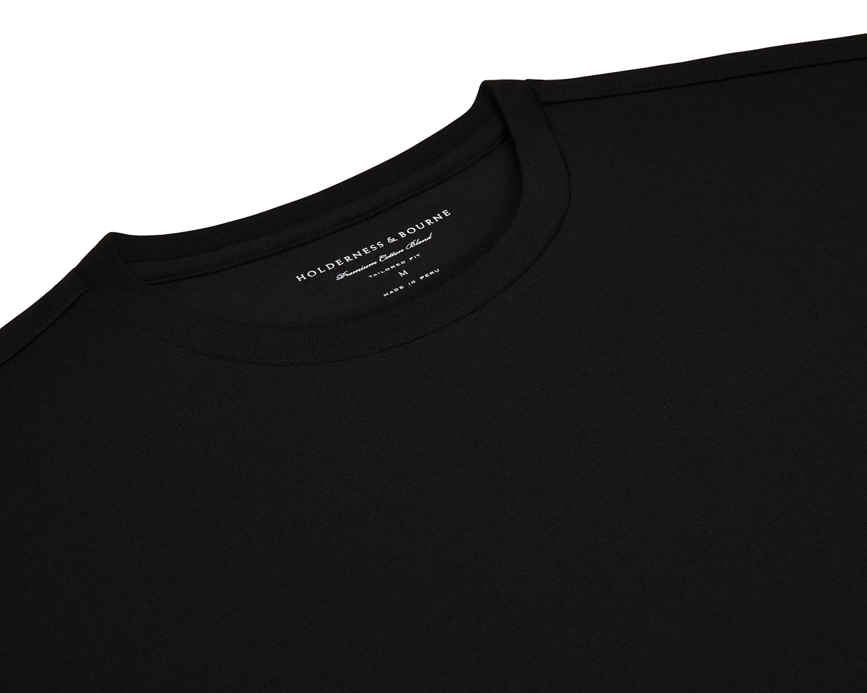 The Mason T-Shirt: Black, features a plain crew-neck design with a visible Holderness & Bourne label, highlighting its tailored fit and premium cotton blend.